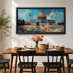 Panoramic painting of the Dome of the Rock mosque in Jerusalem with its golden dome and blue tiled façade reflecting across the courtyard stones. The historic Islamic shrine stands beneath a textured sky with expressive brushstrokes capturing the architecture of the Haram al-Sharif complex.