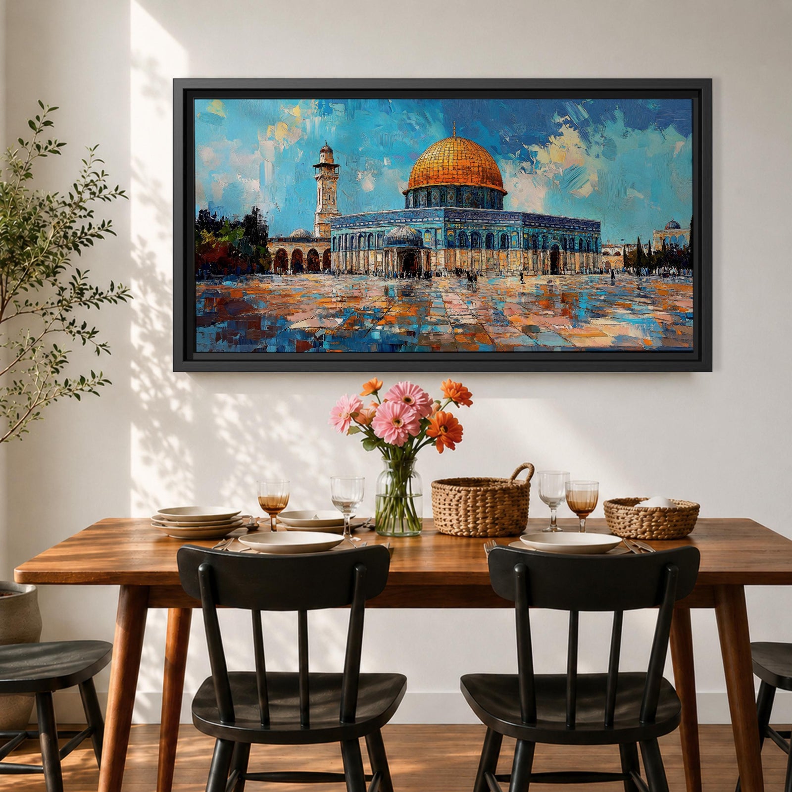 Panoramic painting of the Dome of the Rock mosque in Jerusalem with its golden dome and blue tiled façade reflecting across the courtyard stones. The historic Islamic shrine stands beneath a textured sky with expressive brushstrokes capturing the architecture of the Haram al-Sharif complex.