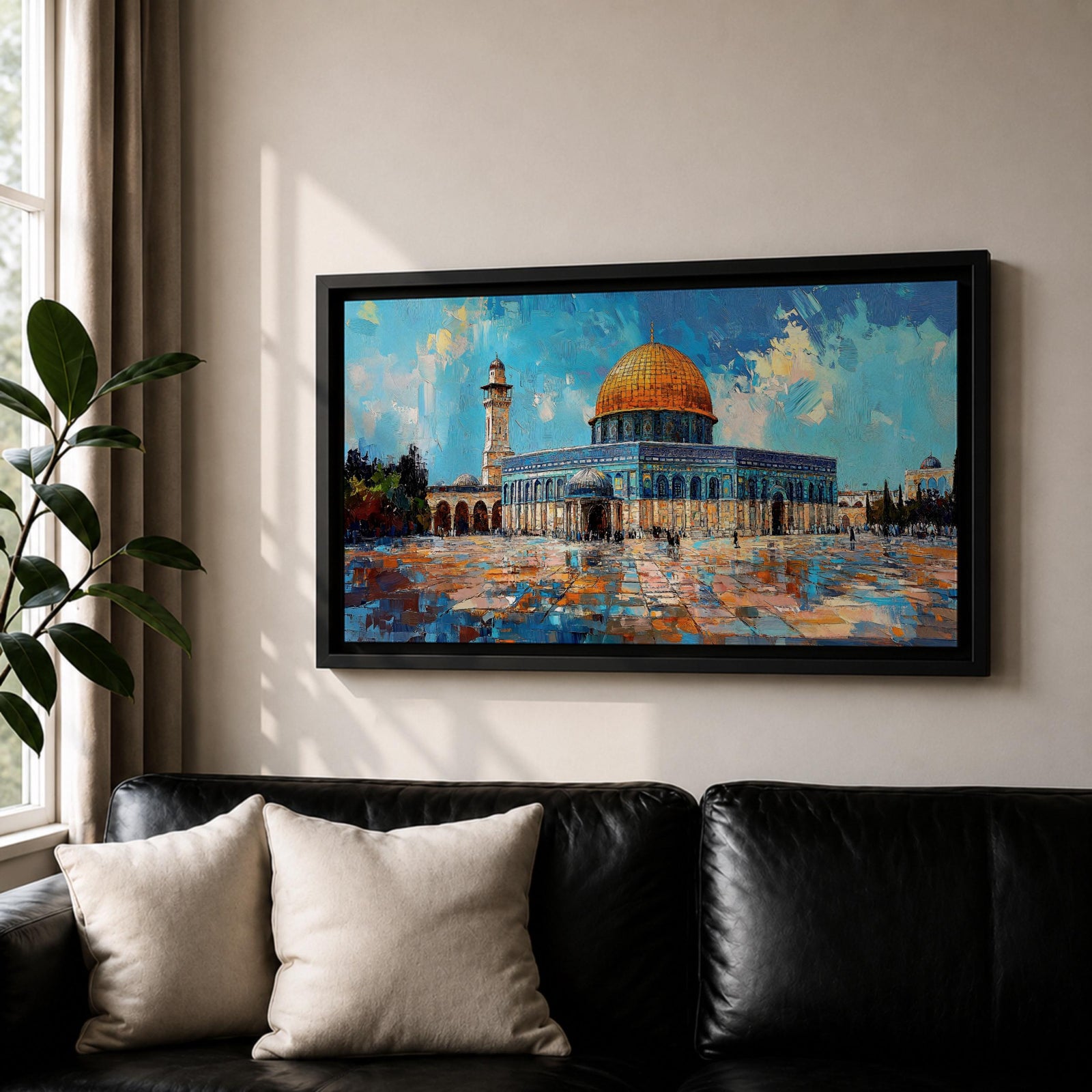Panoramic painting of the Dome of the Rock mosque in Jerusalem with its golden dome and blue tiled façade reflecting across the courtyard stones. The historic Islamic shrine stands beneath a textured sky with expressive brushstrokes capturing the architecture of the Haram al-Sharif complex.