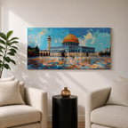 Panoramic painting of the Dome of the Rock mosque in Jerusalem with its golden dome and blue tiled façade reflecting across the courtyard stones. The historic Islamic shrine stands beneath a textured sky with expressive brushstrokes capturing the architecture of the Haram al-Sharif complex.