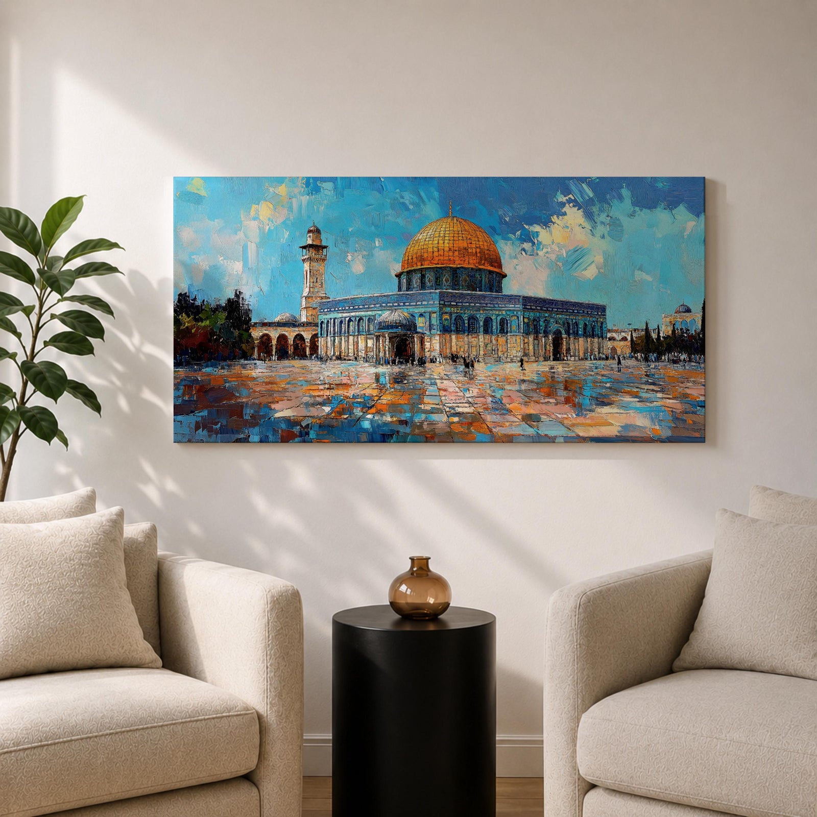 Panoramic painting of the Dome of the Rock mosque in Jerusalem with its golden dome and blue tiled façade reflecting across the courtyard stones. The historic Islamic shrine stands beneath a textured sky with expressive brushstrokes capturing the architecture of the Haram al-Sharif complex.