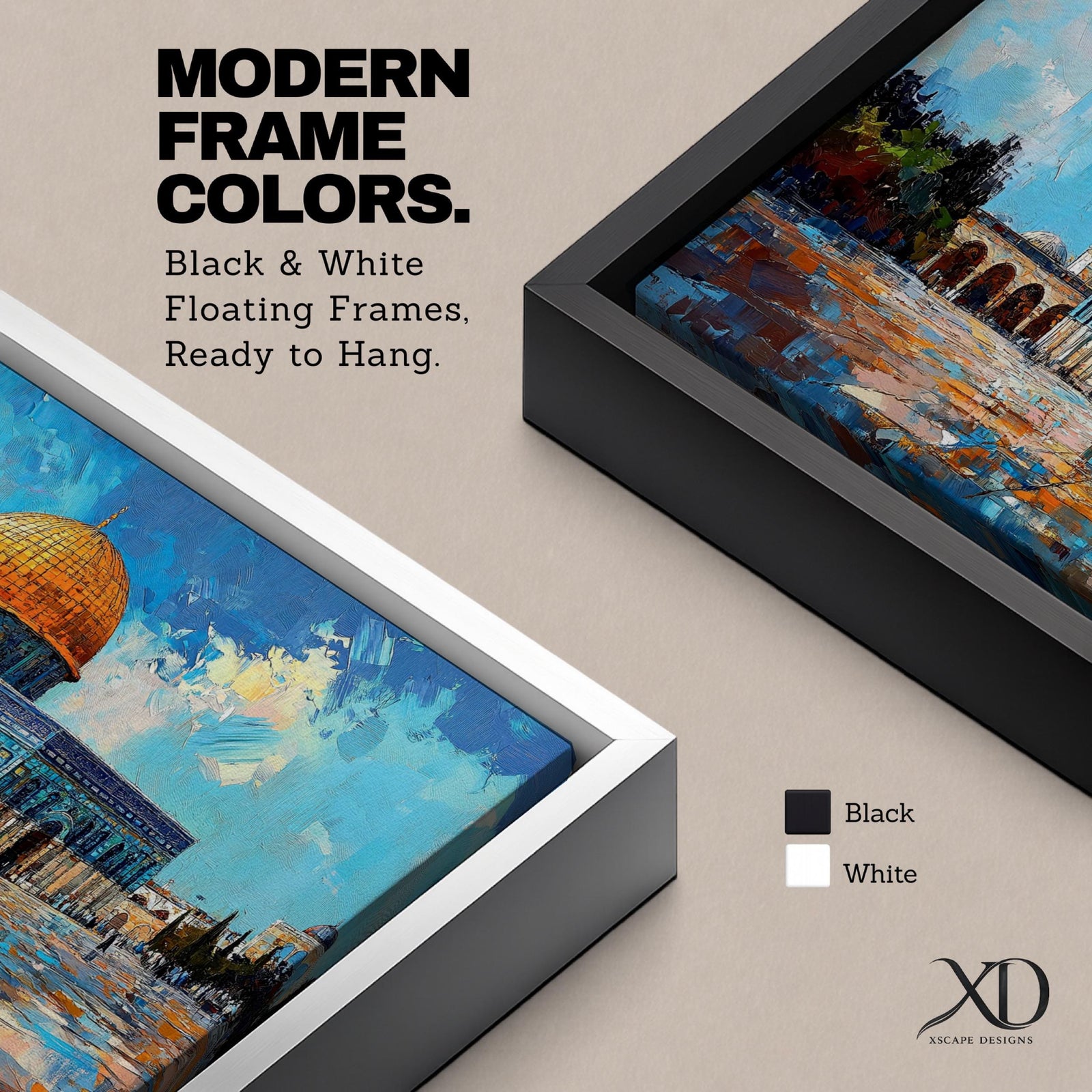Panoramic painting of the Dome of the Rock mosque in Jerusalem with its golden dome and blue tiled façade reflecting across the courtyard stones. The historic Islamic shrine stands beneath a textured sky with expressive brushstrokes capturing the architecture of the Haram al-Sharif complex.