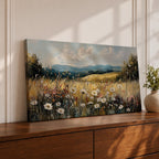 Panoramic painting of a peaceful wildflower meadow filled with blooming daisies and tall grasses across rolling countryside fields. Soft clouds stretch above distant hills while warm golden tones and textured brushstrokes create a calm rural landscape scene.