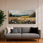 Panoramic painting of a peaceful wildflower meadow filled with blooming daisies and tall grasses across rolling countryside fields. Soft clouds stretch above distant hills while warm golden tones and textured brushstrokes create a calm rural landscape scene.