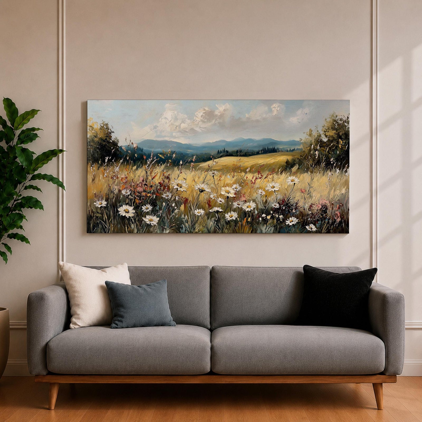 Panoramic painting of a peaceful wildflower meadow filled with blooming daisies and tall grasses across rolling countryside fields. Soft clouds stretch above distant hills while warm golden tones and textured brushstrokes create a calm rural landscape scene.