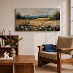 Panoramic painting of a peaceful wildflower meadow filled with blooming daisies and tall grasses across rolling countryside fields. Soft clouds stretch above distant hills while warm golden tones and textured brushstrokes create a calm rural landscape scene.