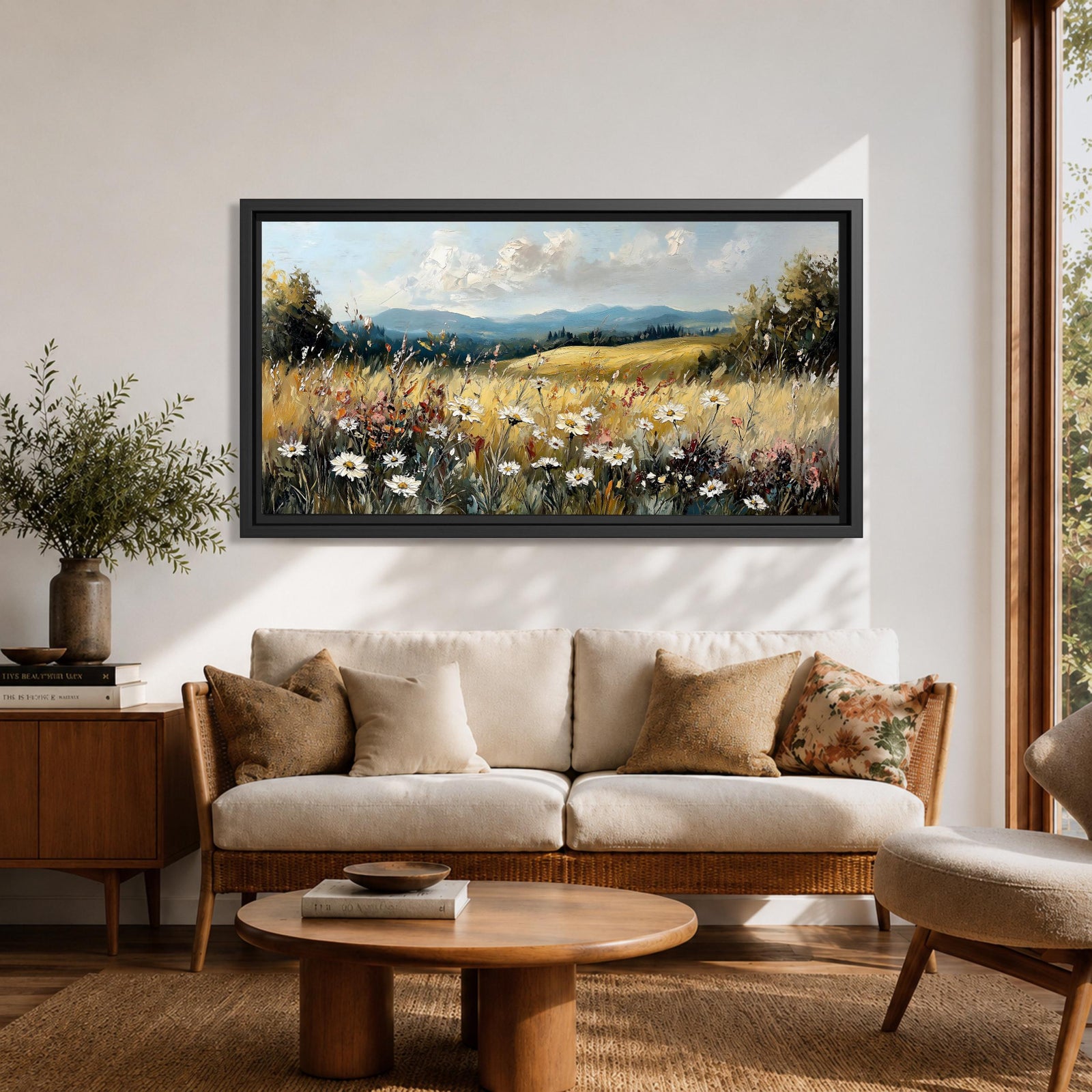 Panoramic painting of a peaceful wildflower meadow filled with blooming daisies and tall grasses across rolling countryside fields. Soft clouds stretch above distant hills while warm golden tones and textured brushstrokes create a calm rural landscape scene.