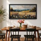 Panoramic painting of a peaceful wildflower meadow filled with blooming daisies and tall grasses across rolling countryside fields. Soft clouds stretch above distant hills while warm golden tones and textured brushstrokes create a calm rural landscape scene.