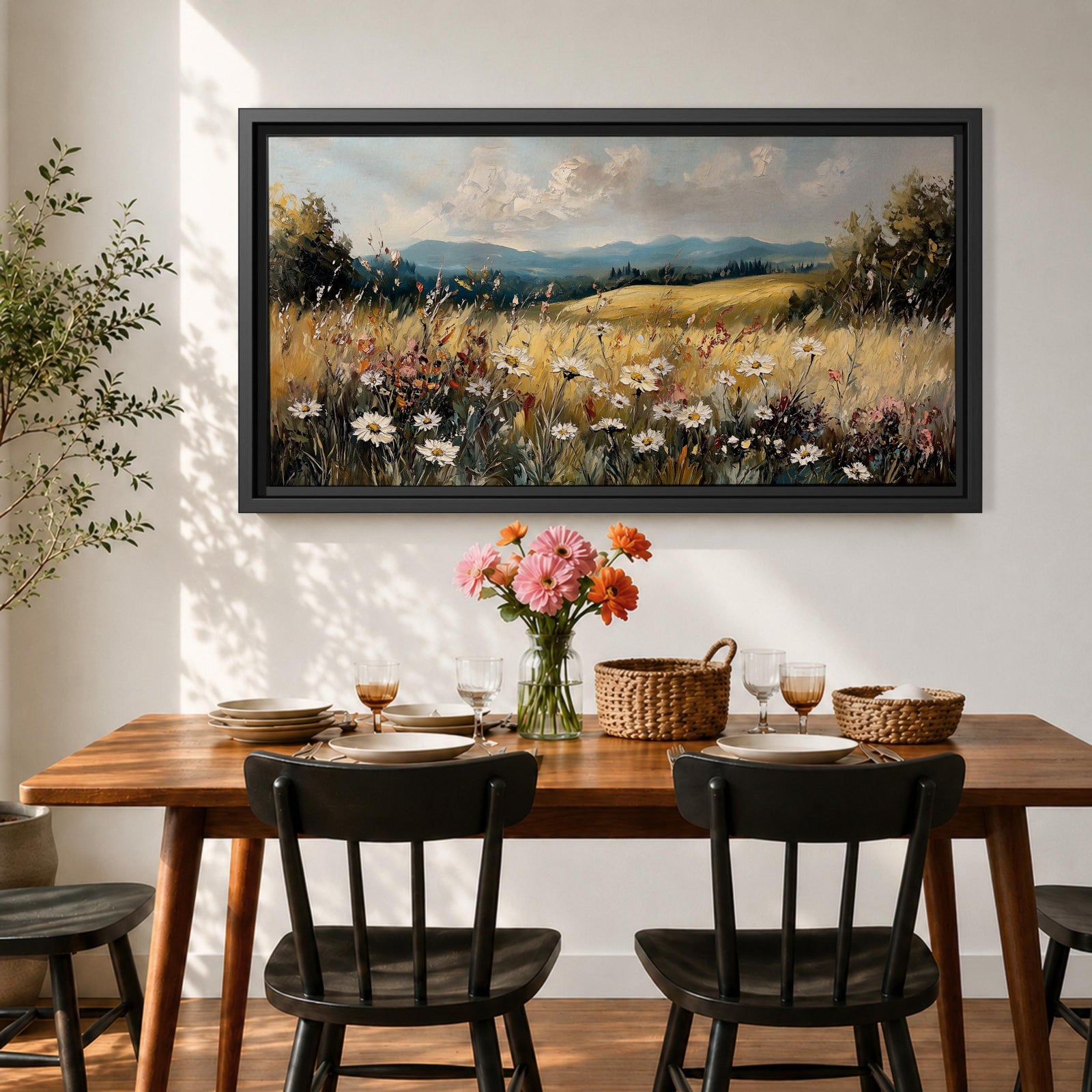 Panoramic painting of a peaceful wildflower meadow filled with blooming daisies and tall grasses across rolling countryside fields. Soft clouds stretch above distant hills while warm golden tones and textured brushstrokes create a calm rural landscape scene.