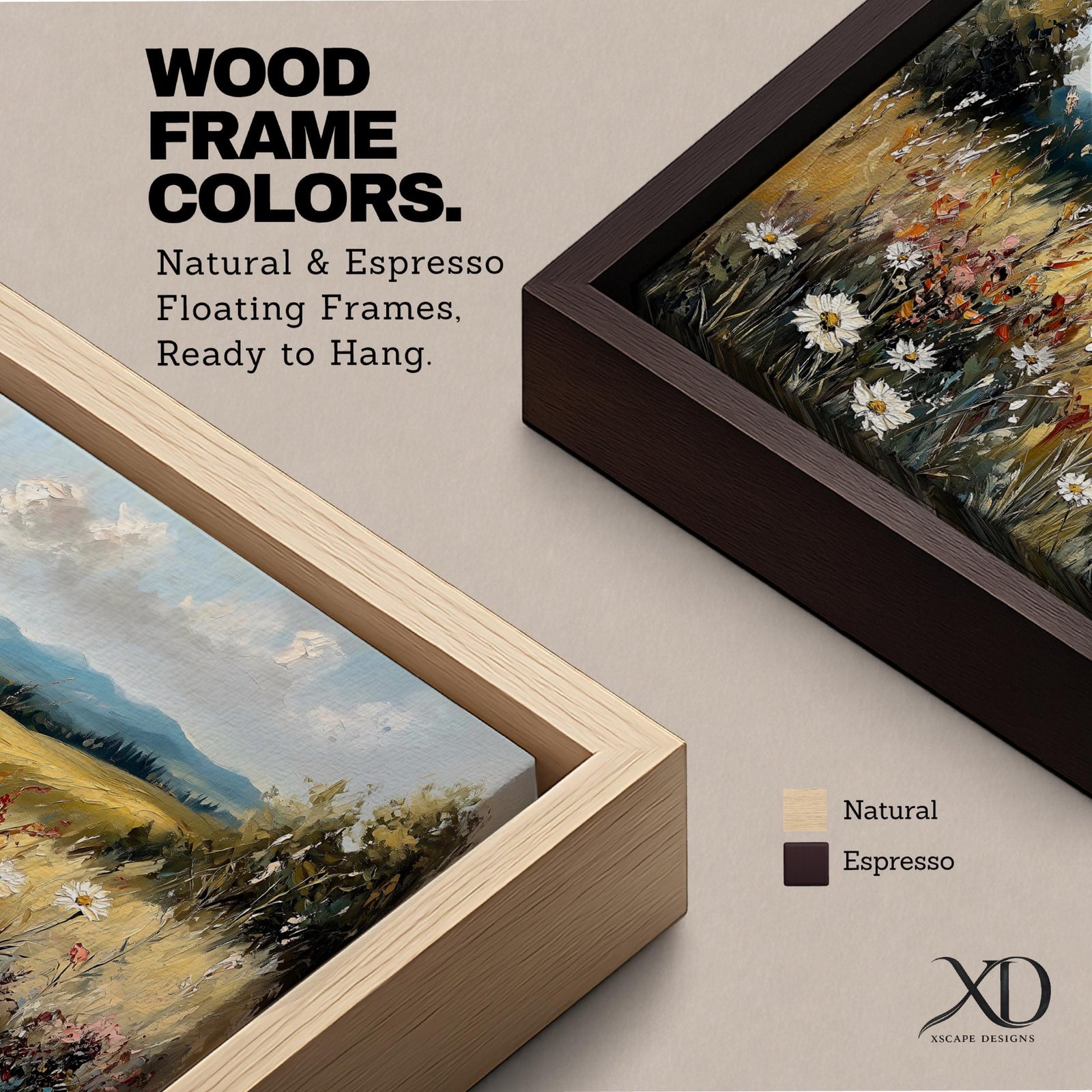 Panoramic painting of a peaceful wildflower meadow filled with blooming daisies and tall grasses across rolling countryside fields. Soft clouds stretch above distant hills while warm golden tones and textured brushstrokes create a calm rural landscape scene.