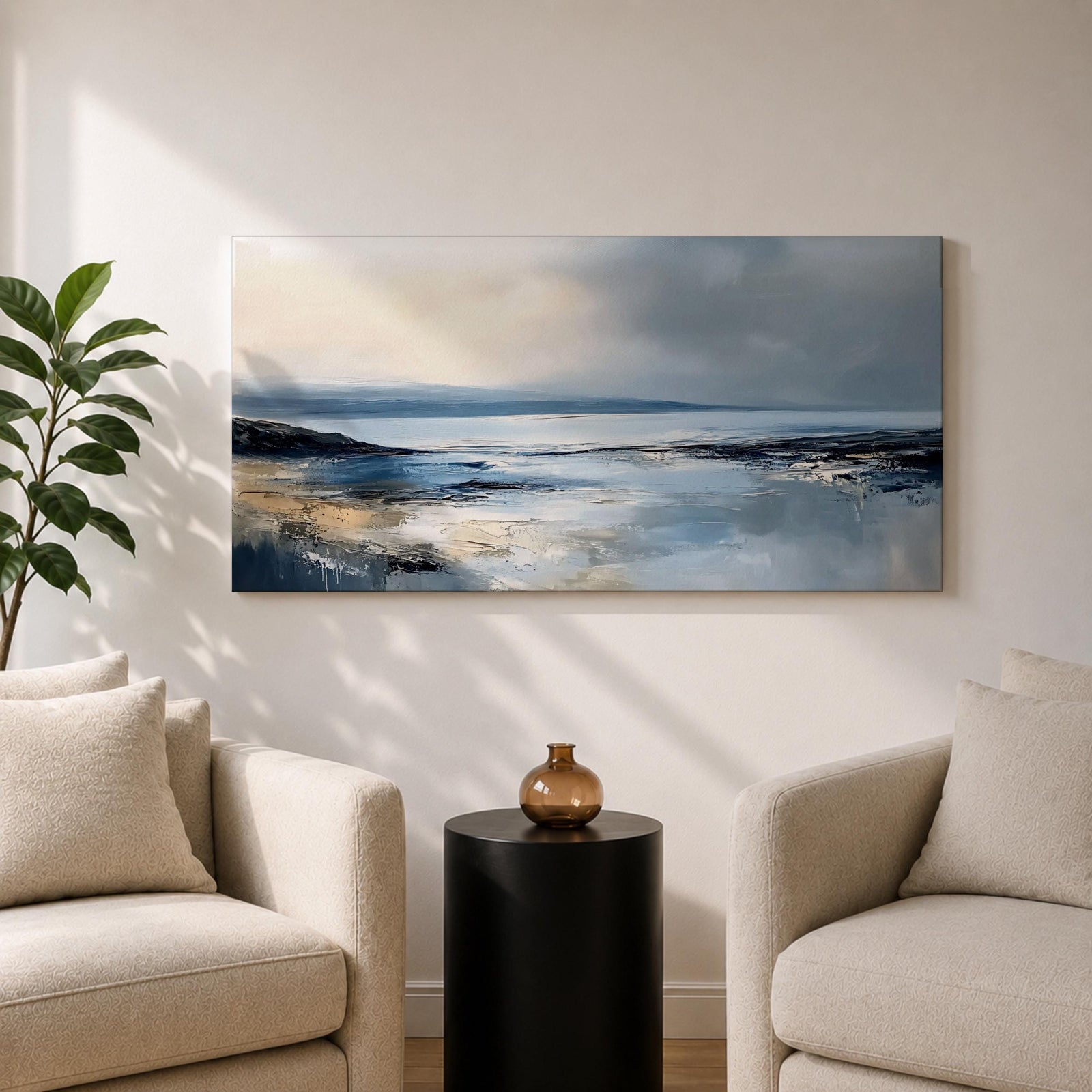 Panoramic abstract coastal seascape painting featuring a calm ocean shoreline with soft blue, gray, and sandy tones reflecting across the water beneath a cloudy horizon.