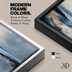 Panoramic abstract coastal seascape painting featuring a calm ocean shoreline with soft blue, gray, and sandy tones reflecting across the water beneath a cloudy horizon.