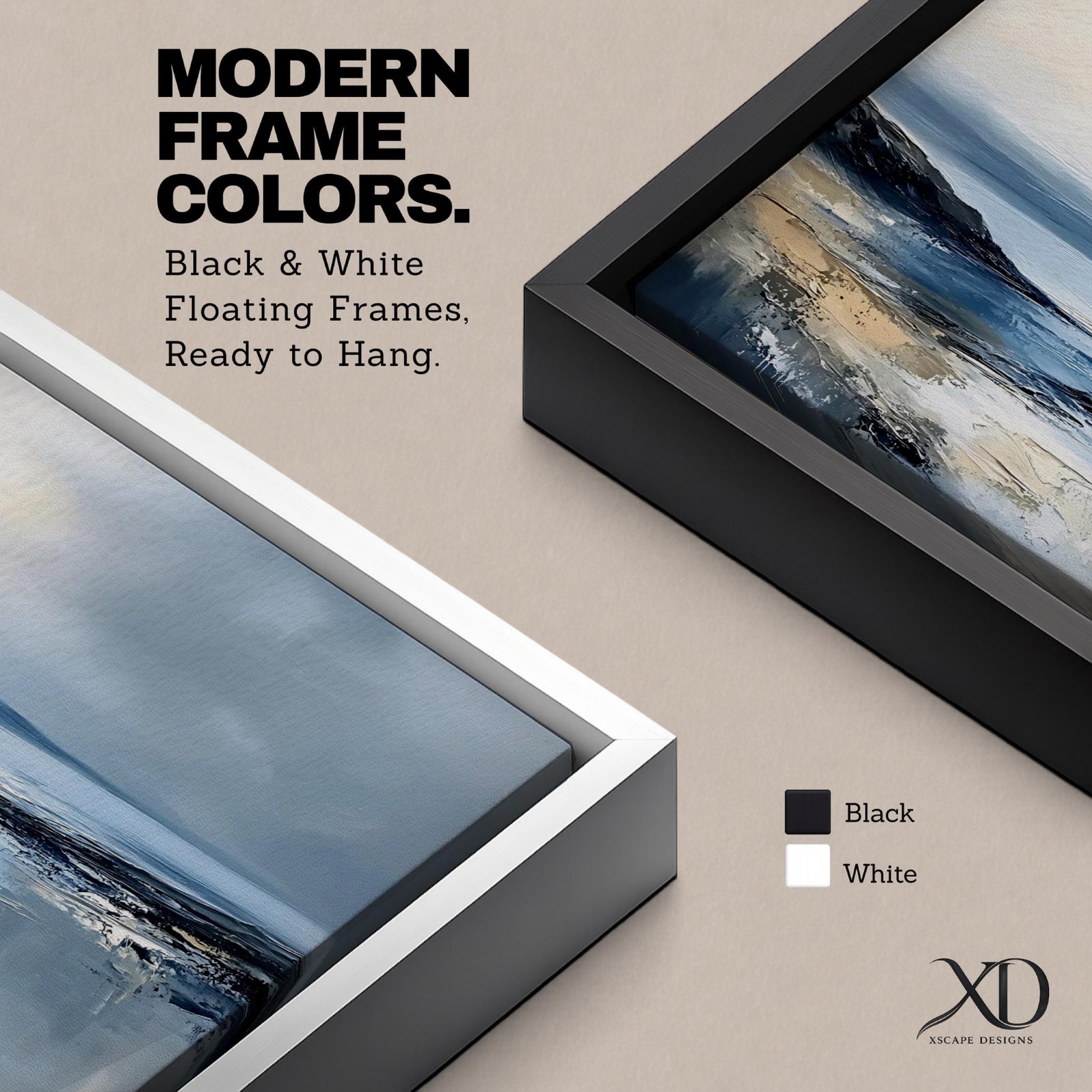 Panoramic abstract coastal seascape painting featuring a calm ocean shoreline with soft blue, gray, and sandy tones reflecting across the water beneath a cloudy horizon.