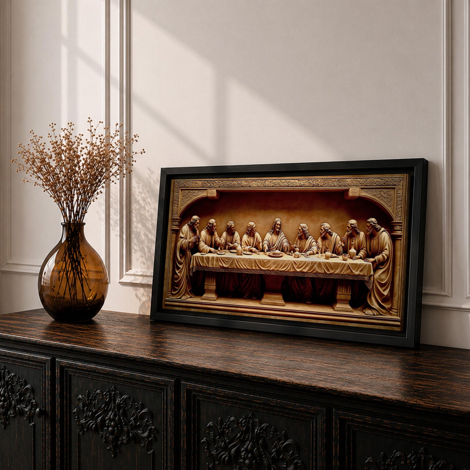 Panoramic relief artwork depicting the Last Supper with Jesus Christ seated at the center surrounded by the twelve apostles at a long table. The carved scene features classical biblical figures gathered in a detailed architectural setting.
