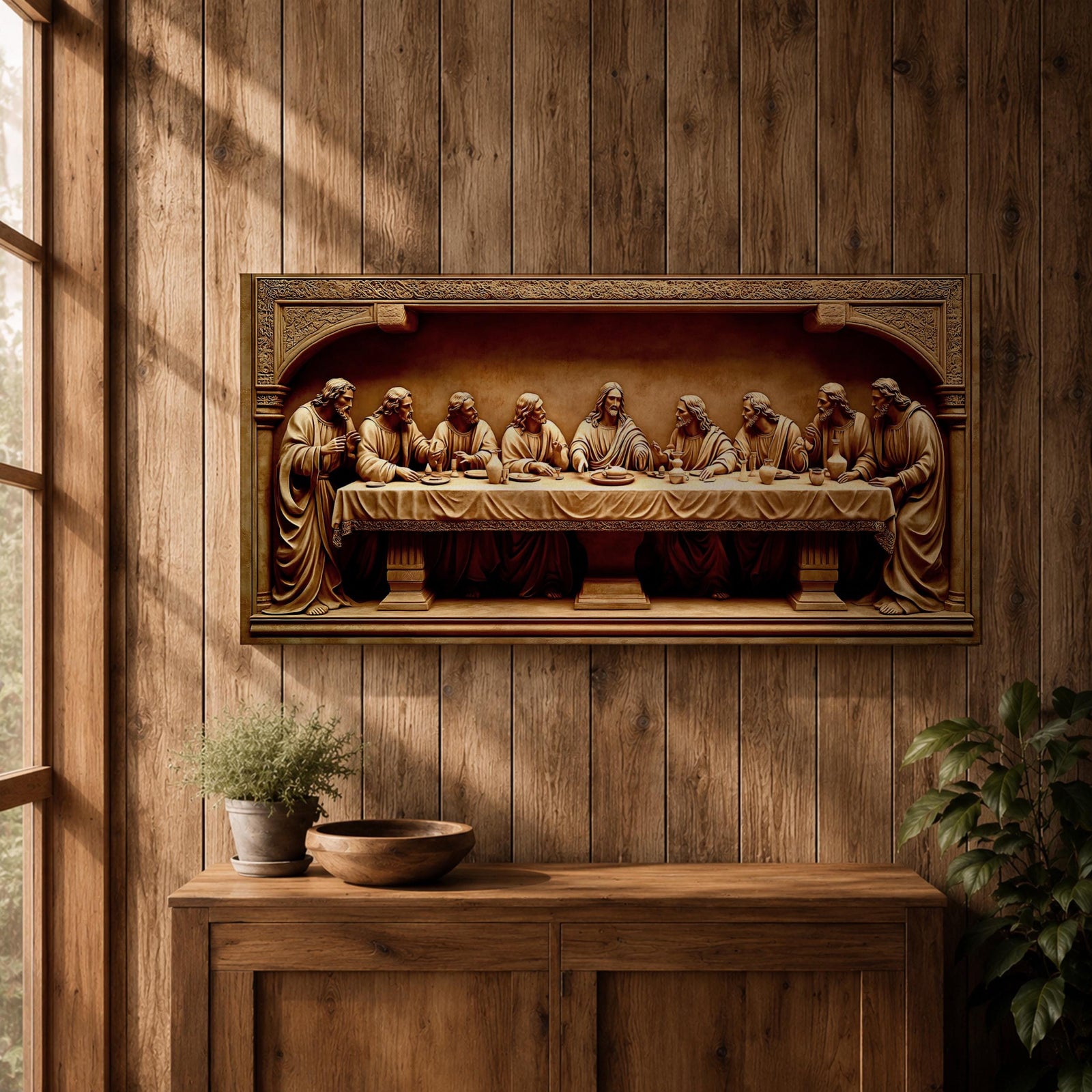 Panoramic relief artwork depicting the Last Supper with Jesus Christ seated at the center surrounded by the twelve apostles at a long table. The carved scene features classical biblical figures gathered in a detailed architectural setting.