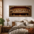 Panoramic relief artwork depicting the Last Supper with Jesus Christ seated at the center surrounded by the twelve apostles at a long table. The carved scene features classical biblical figures gathered in a detailed architectural setting.