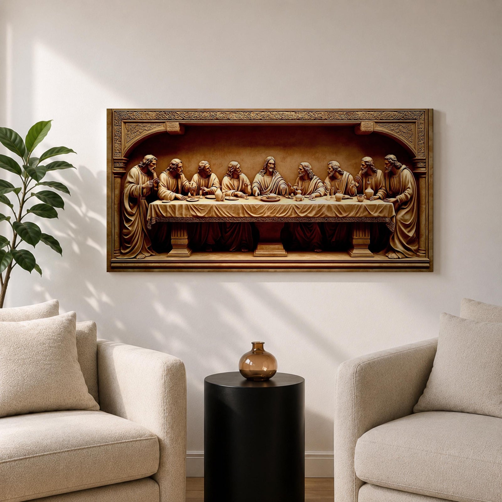 Panoramic relief artwork depicting the Last Supper with Jesus Christ seated at the center surrounded by the twelve apostles at a long table. The carved scene features classical biblical figures gathered in a detailed architectural setting.