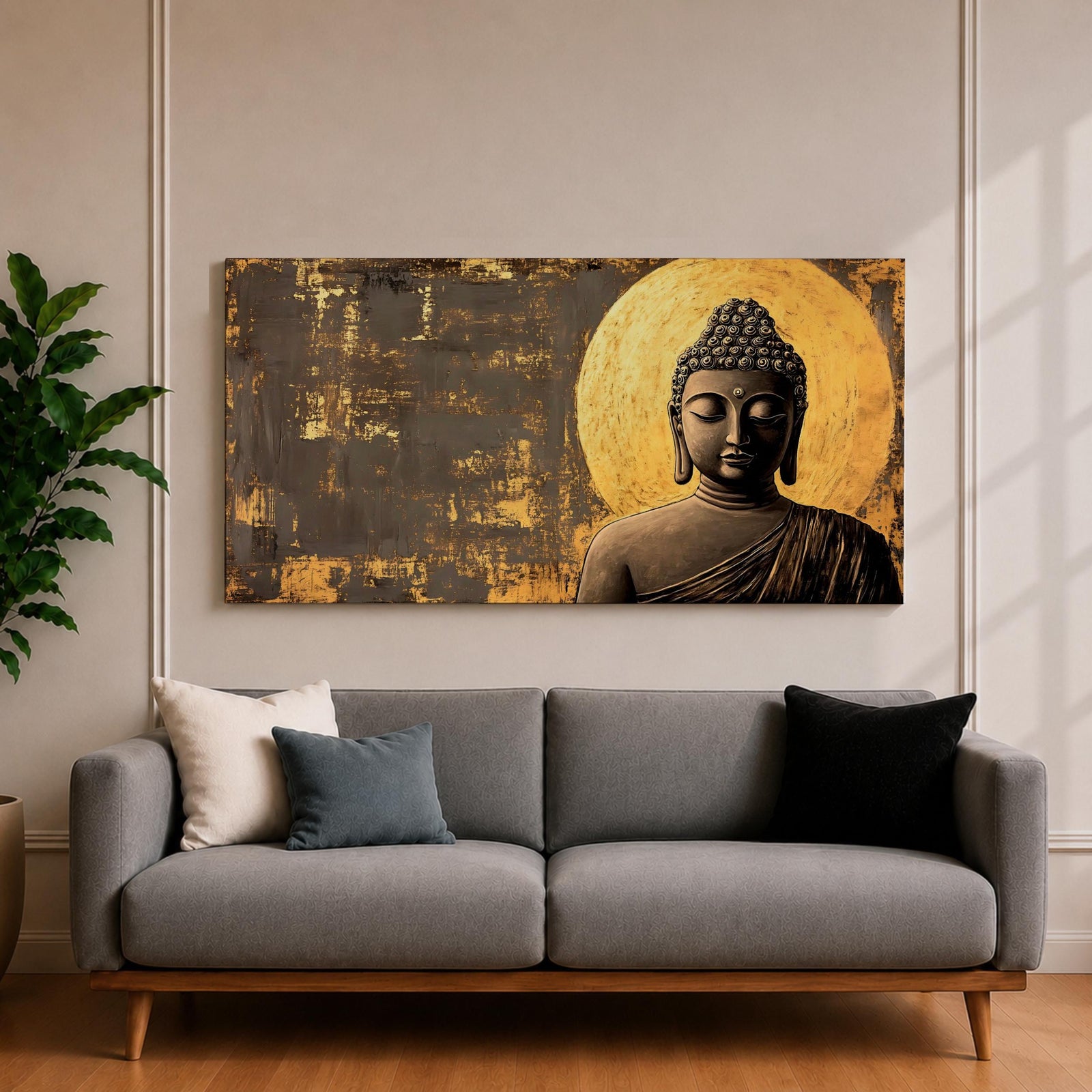 Panoramic artwork of a serene Buddha statue with closed eyes and peaceful expression positioned before a glowing golden circular halo on a textured abstract background.