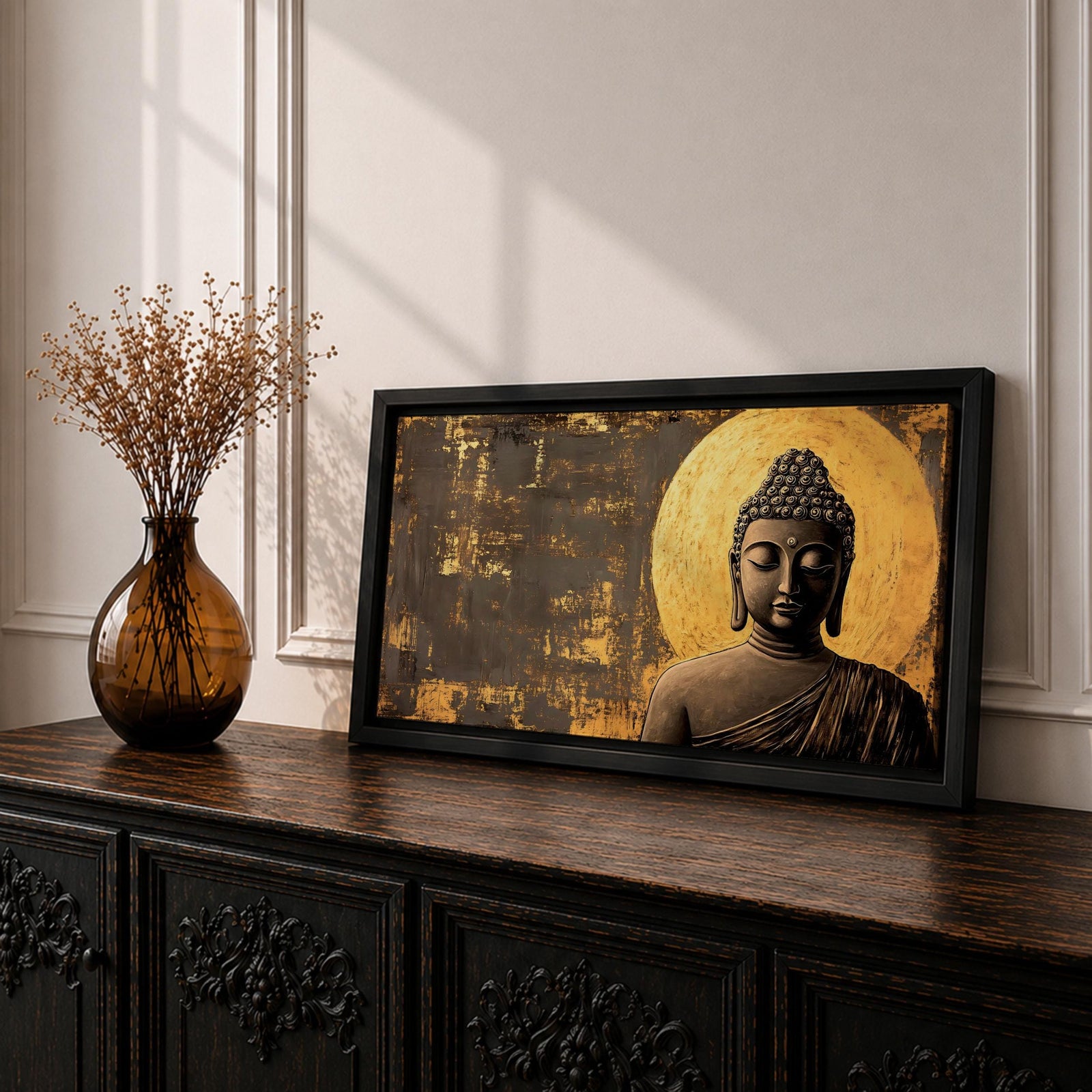 Panoramic artwork of a serene Buddha statue with closed eyes and peaceful expression positioned before a glowing golden circular halo on a textured abstract background.