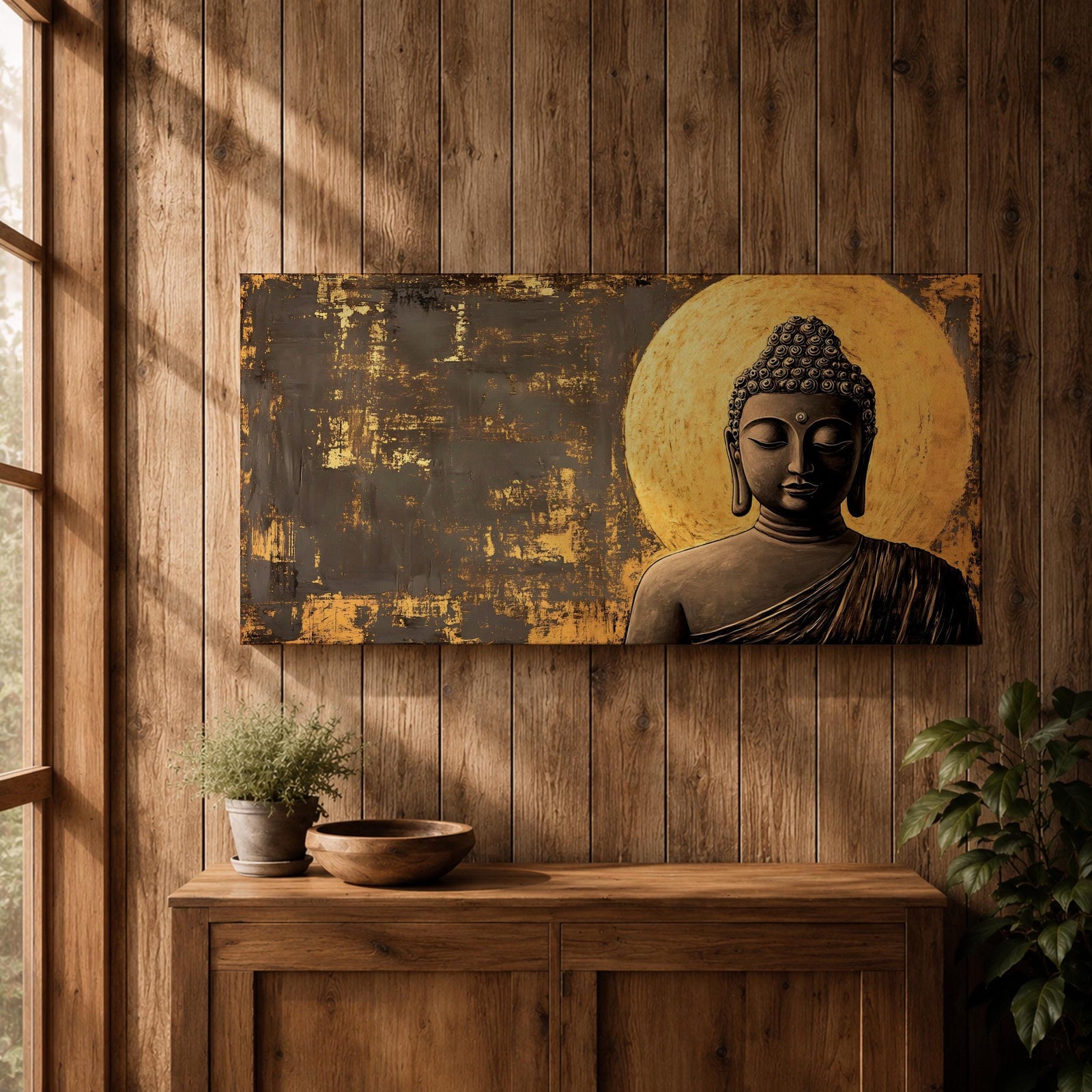 Panoramic artwork of a serene Buddha statue with closed eyes and peaceful expression positioned before a glowing golden circular halo on a textured abstract background.