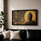 Panoramic artwork of a serene Buddha statue with closed eyes and peaceful expression positioned before a glowing golden circular halo on a textured abstract background.