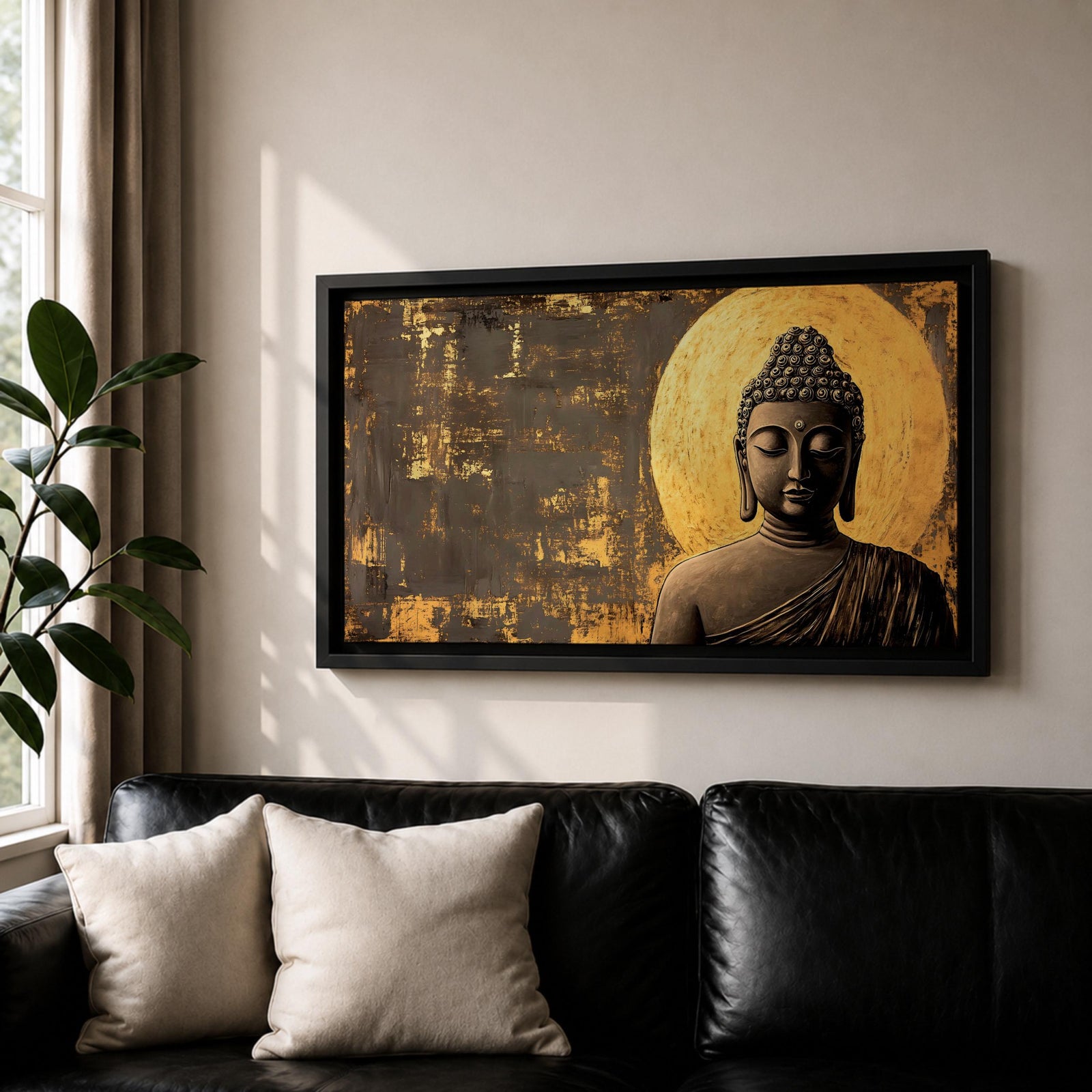 Panoramic artwork of a serene Buddha statue with closed eyes and peaceful expression positioned before a glowing golden circular halo on a textured abstract background.