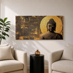 Panoramic artwork of a serene Buddha statue with closed eyes and peaceful expression positioned before a glowing golden circular halo on a textured abstract background.