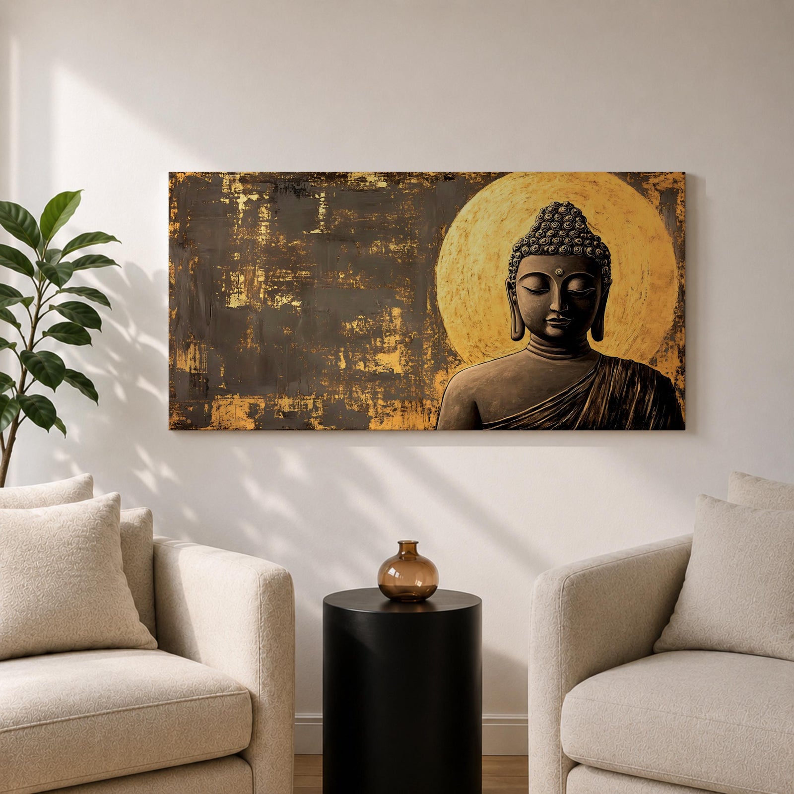 Panoramic artwork of a serene Buddha statue with closed eyes and peaceful expression positioned before a glowing golden circular halo on a textured abstract background.