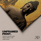 Panoramic artwork of a serene Buddha statue with closed eyes and peaceful expression positioned before a glowing golden circular halo on a textured abstract background.
