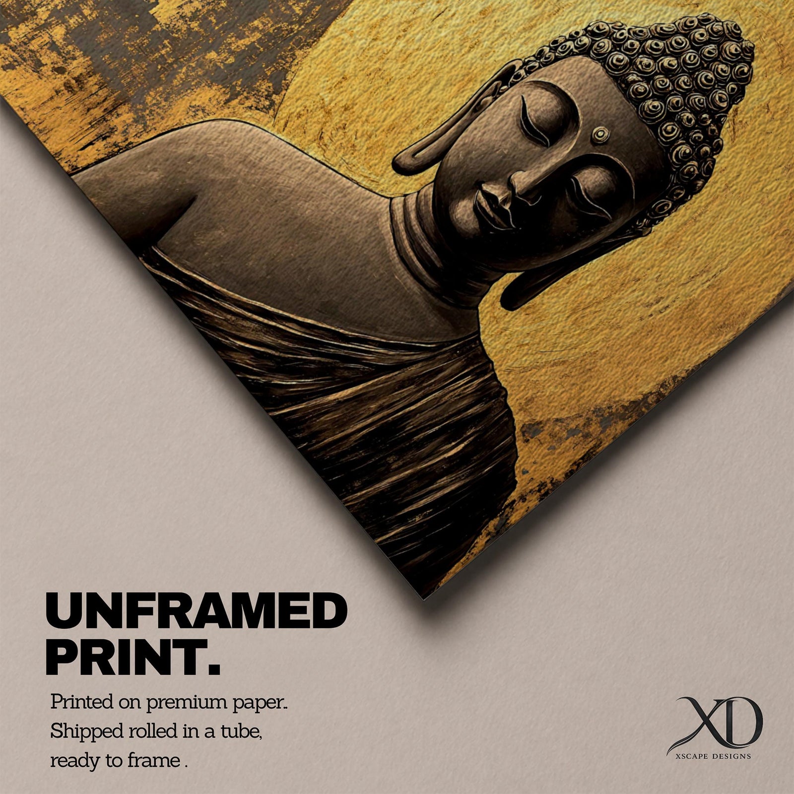 Panoramic artwork of a serene Buddha statue with closed eyes and peaceful expression positioned before a glowing golden circular halo on a textured abstract background.