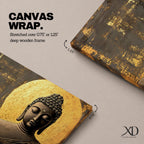 Panoramic artwork of a serene Buddha statue with closed eyes and peaceful expression positioned before a glowing golden circular halo on a textured abstract background.