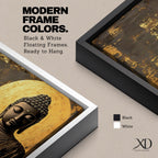 Panoramic artwork of a serene Buddha statue with closed eyes and peaceful expression positioned before a glowing golden circular halo on a textured abstract background.