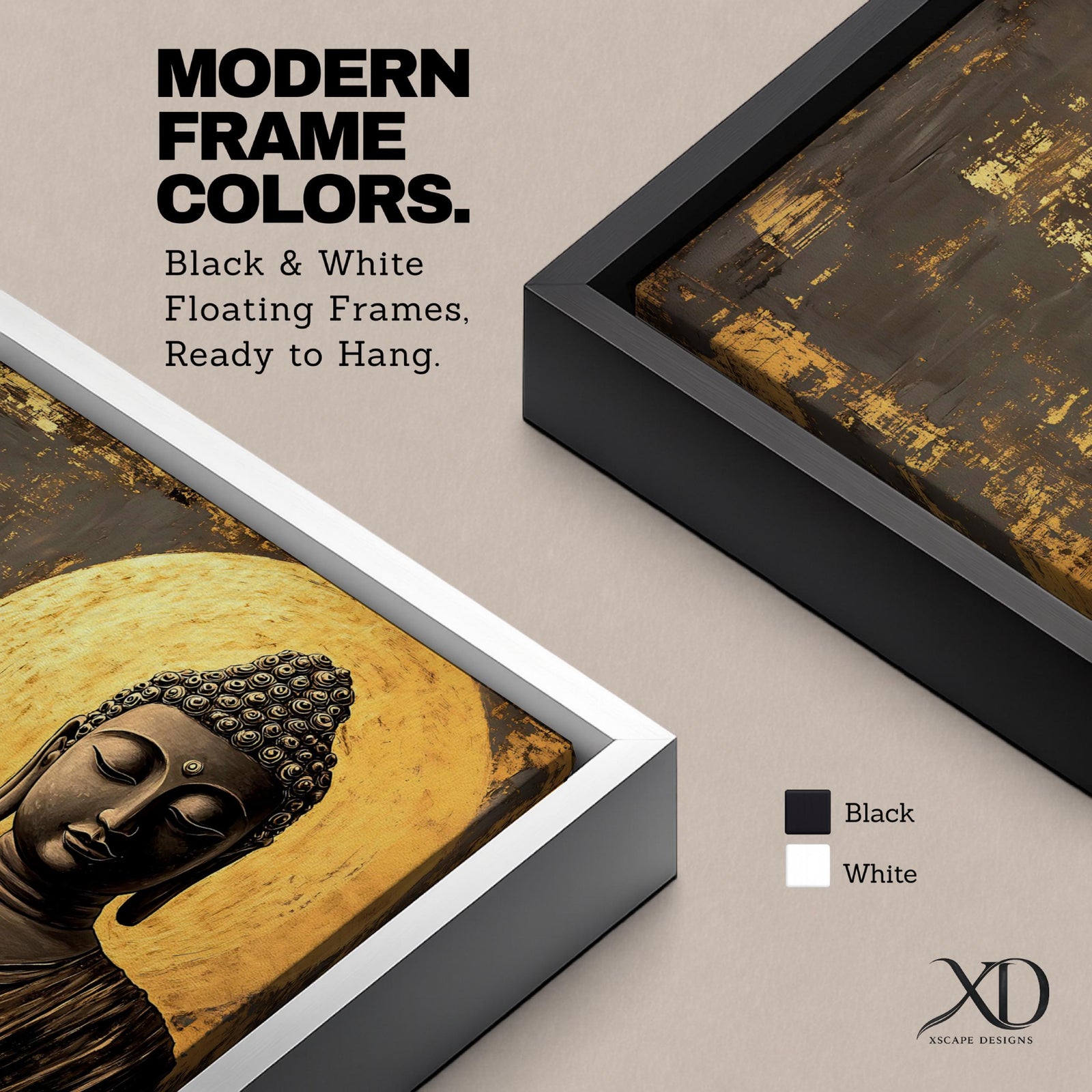 Panoramic artwork of a serene Buddha statue with closed eyes and peaceful expression positioned before a glowing golden circular halo on a textured abstract background.
