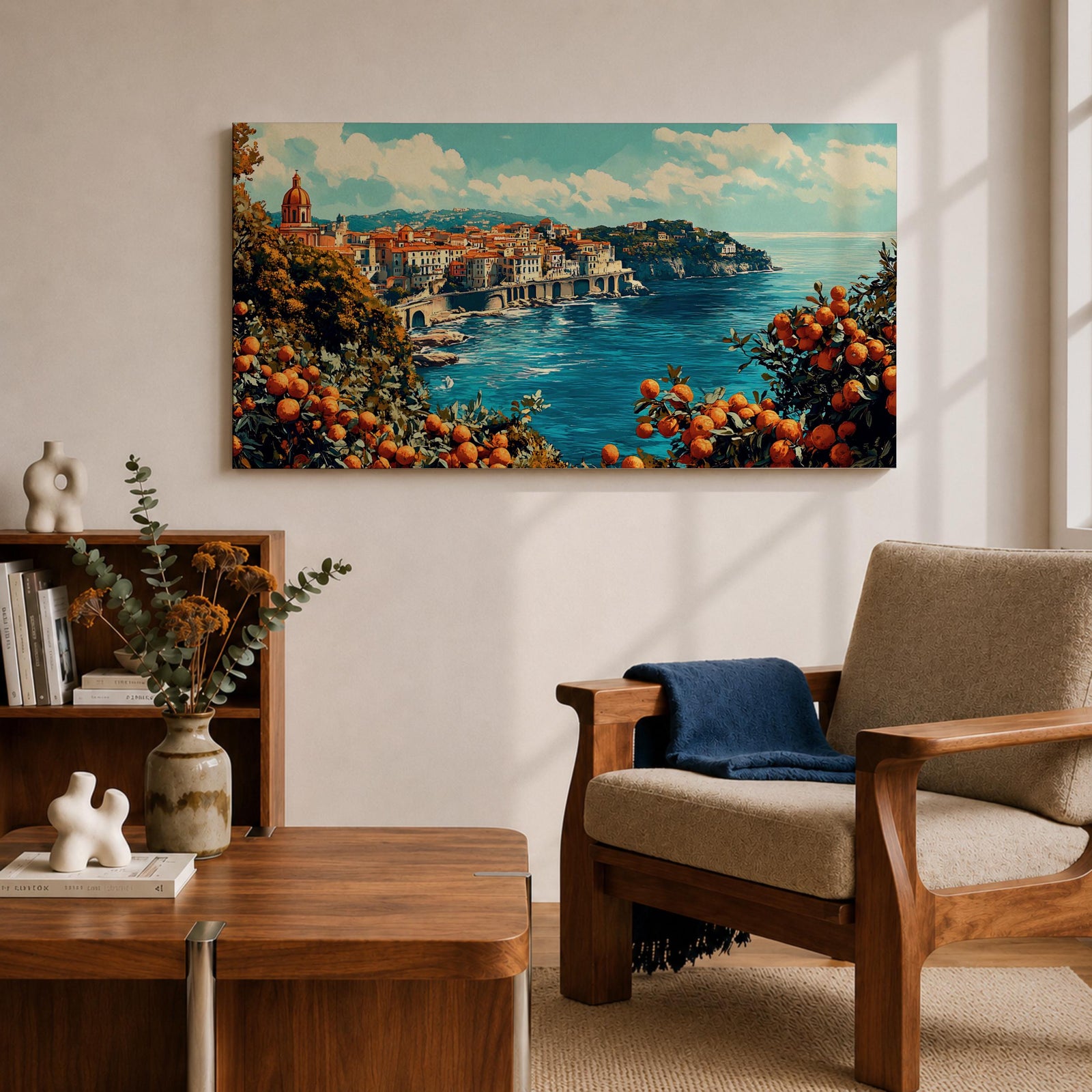 Panoramic painting of the Amalfi Coast overlooking the Mediterranean Sea with colorful Italian hillside buildings and citrus trees filled with ripe oranges in the foreground.