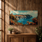 Panoramic painting of the Amalfi Coast overlooking the Mediterranean Sea with colorful Italian hillside buildings and citrus trees filled with ripe oranges in the foreground.