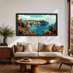 Panoramic painting of the Amalfi Coast overlooking the Mediterranean Sea with colorful Italian hillside buildings and citrus trees filled with ripe oranges in the foreground.