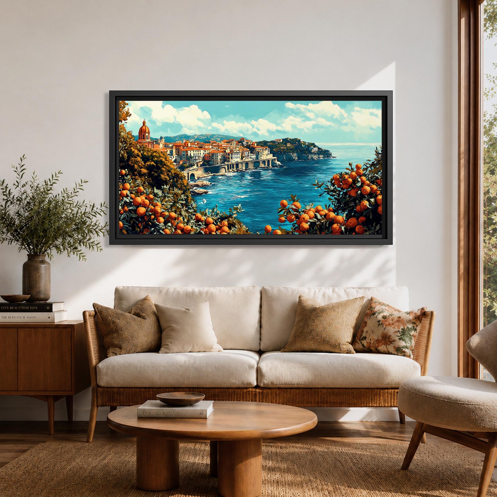 Panoramic painting of the Amalfi Coast overlooking the Mediterranean Sea with colorful Italian hillside buildings and citrus trees filled with ripe oranges in the foreground.