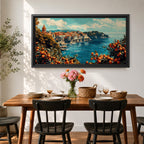 Panoramic painting of the Amalfi Coast overlooking the Mediterranean Sea with colorful Italian hillside buildings and citrus trees filled with ripe oranges in the foreground.
