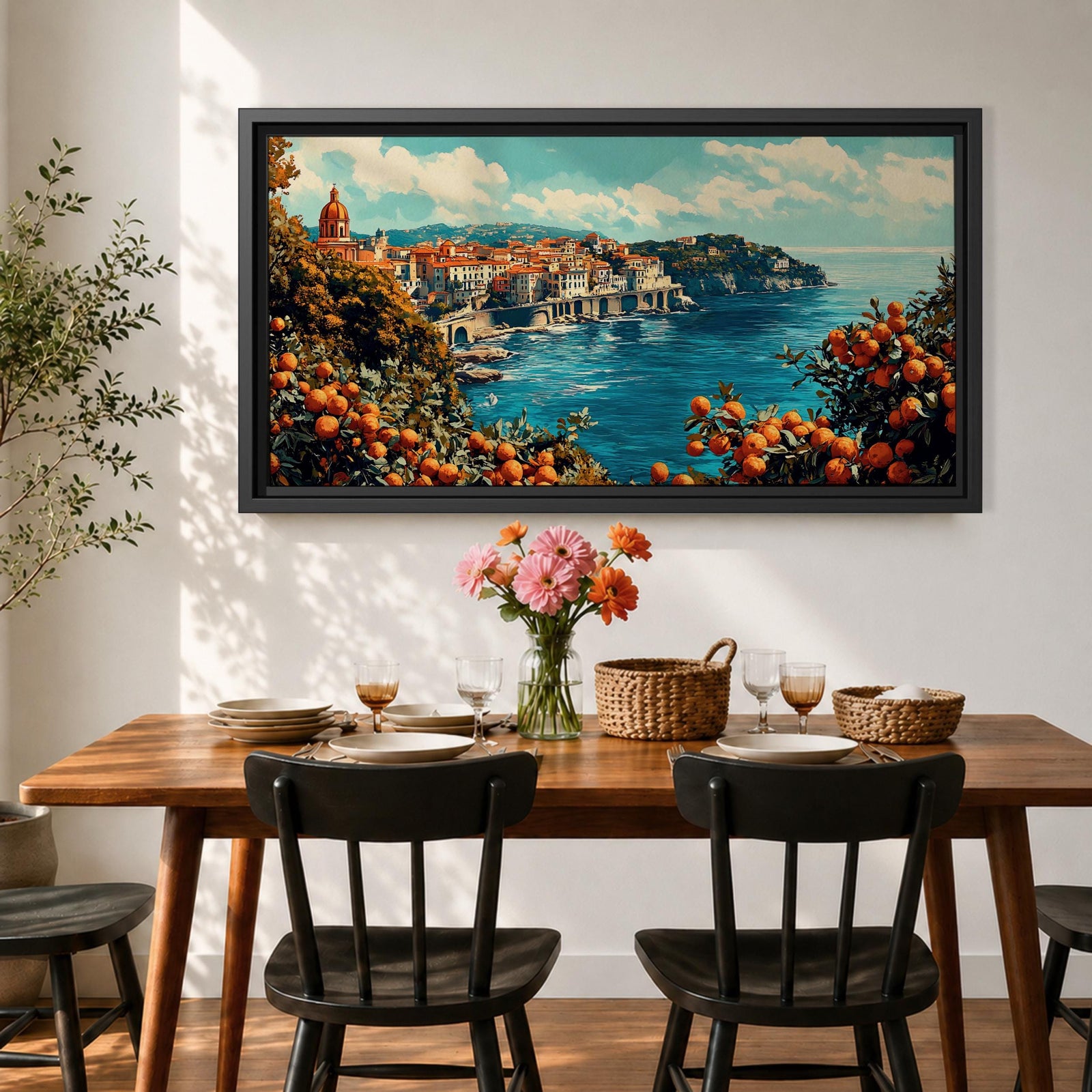 Panoramic painting of the Amalfi Coast overlooking the Mediterranean Sea with colorful Italian hillside buildings and citrus trees filled with ripe oranges in the foreground.