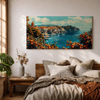 Panoramic painting of the Amalfi Coast overlooking the Mediterranean Sea with colorful Italian hillside buildings and citrus trees filled with ripe oranges in the foreground.