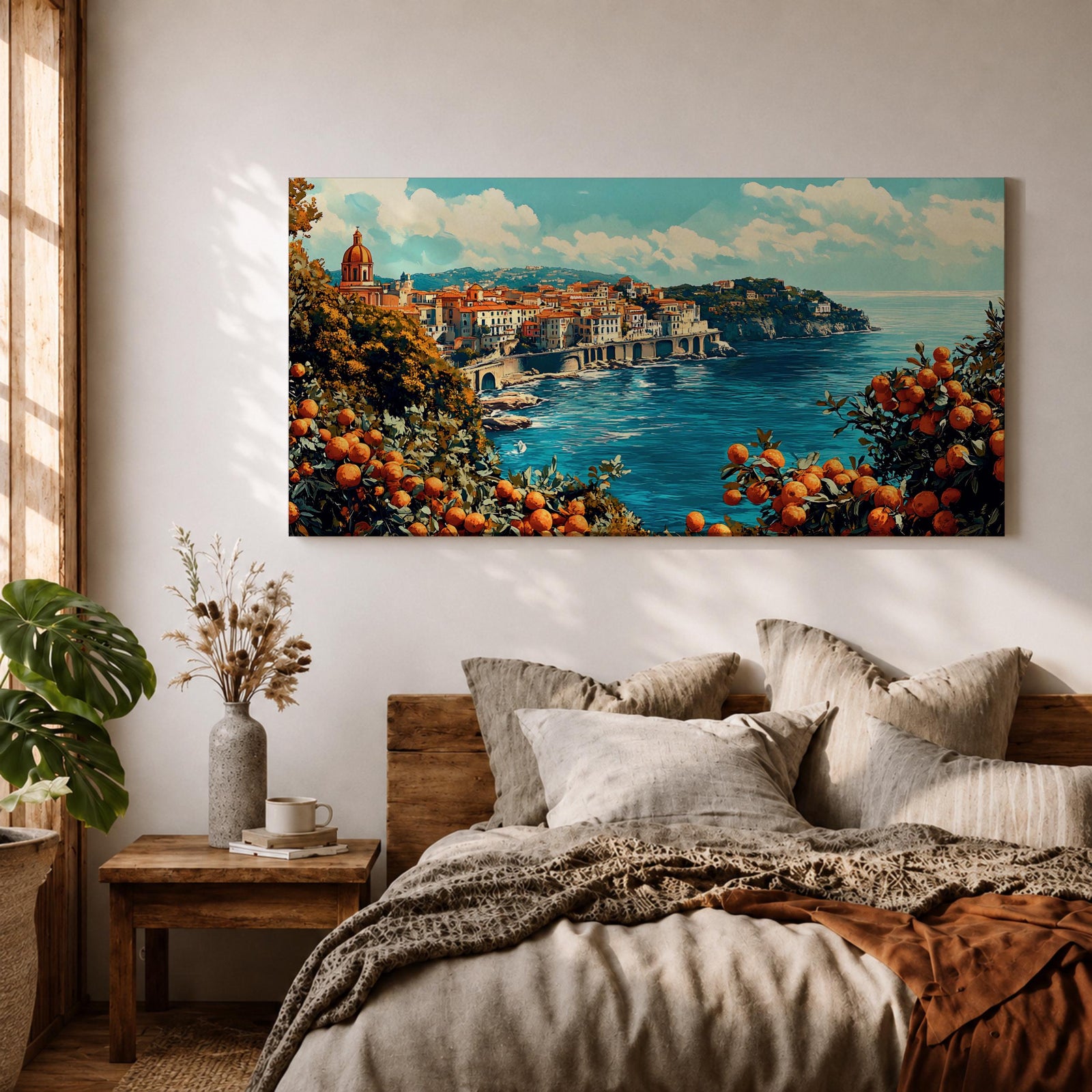 Panoramic painting of the Amalfi Coast overlooking the Mediterranean Sea with colorful Italian hillside buildings and citrus trees filled with ripe oranges in the foreground.