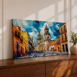 Panoramic painting of Oaxaca cathedral rising above a colorful colonial street lined with bright orange and yellow buildings. The historic Mexican architecture features twin cathedral towers beneath a dramatic blue sky with expressive painterly brushstrokes.