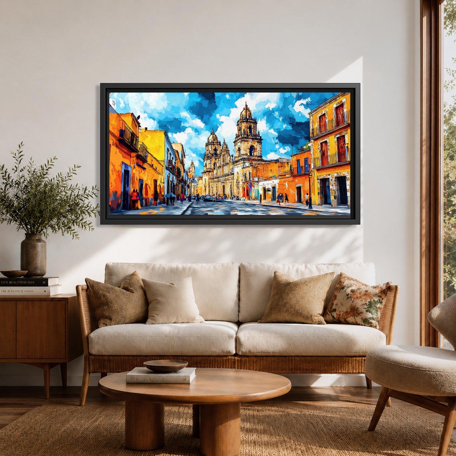 Panoramic painting of Oaxaca cathedral rising above a colorful colonial street lined with bright orange and yellow buildings. The historic Mexican architecture features twin cathedral towers beneath a dramatic blue sky with expressive painterly brushstrokes.