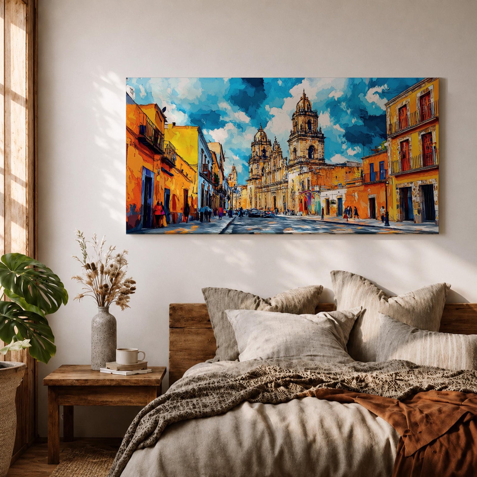 Panoramic painting of Oaxaca cathedral rising above a colorful colonial street lined with bright orange and yellow buildings. The historic Mexican architecture features twin cathedral towers beneath a dramatic blue sky with expressive painterly brushstrokes.