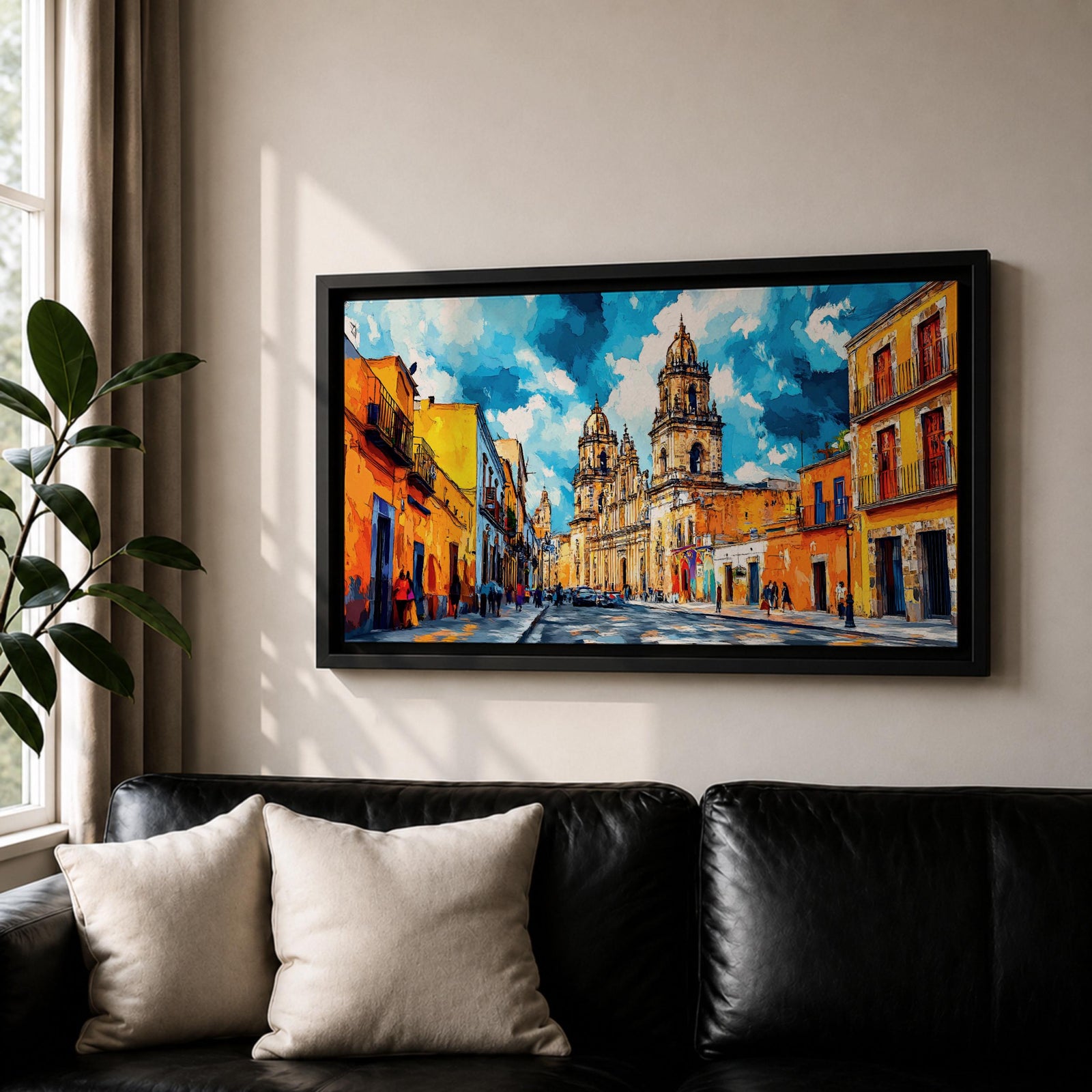 Panoramic painting of Oaxaca cathedral rising above a colorful colonial street lined with bright orange and yellow buildings. The historic Mexican architecture features twin cathedral towers beneath a dramatic blue sky with expressive painterly brushstrokes.