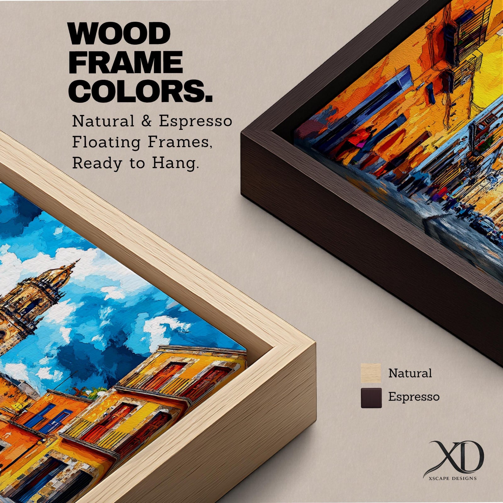 Panoramic painting of Oaxaca cathedral rising above a colorful colonial street lined with bright orange and yellow buildings. The historic Mexican architecture features twin cathedral towers beneath a dramatic blue sky with expressive painterly brushstrokes.