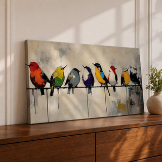 Panoramic painting of colorful songbirds sitting on a wire perch. Each bird displays vibrant plumage in red, yellow, blue, green, and orange while expressive brushstrokes and paint drips create a modern artistic wildlife composition.