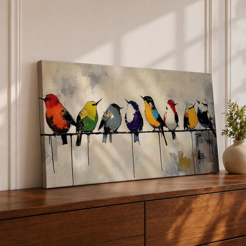 Panoramic painting of colorful songbirds sitting on a wire perch. Each bird displays vibrant plumage in red, yellow, blue, green, and orange while expressive brushstrokes and paint drips create a modern artistic wildlife composition.