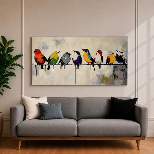 Panoramic painting of colorful songbirds sitting on a wire perch. Each bird displays vibrant plumage in red, yellow, blue, green, and orange while expressive brushstrokes and paint drips create a modern artistic wildlife composition.