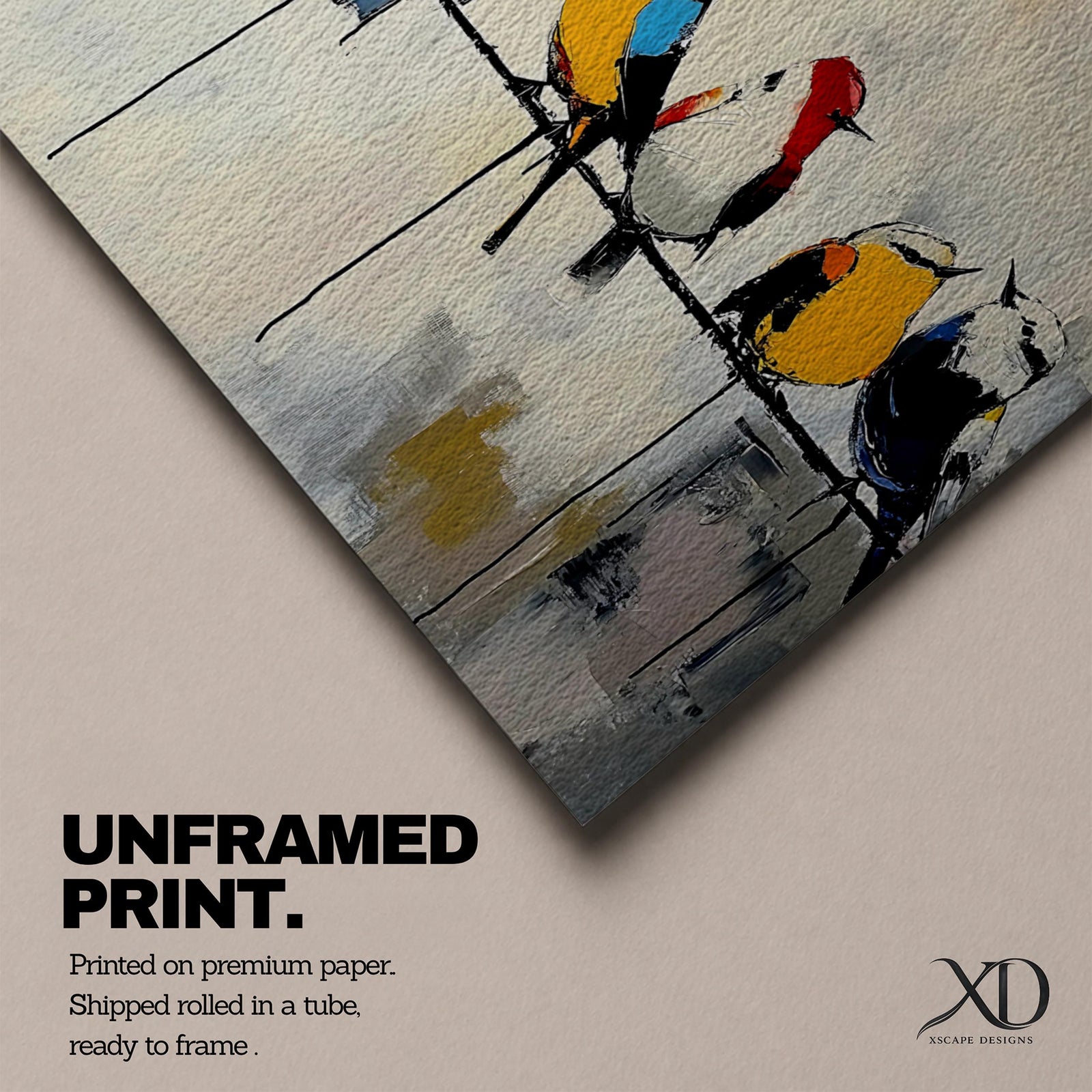 Panoramic painting of colorful songbirds sitting on a wire perch. Each bird displays vibrant plumage in red, yellow, blue, green, and orange while expressive brushstrokes and paint drips create a modern artistic wildlife composition.